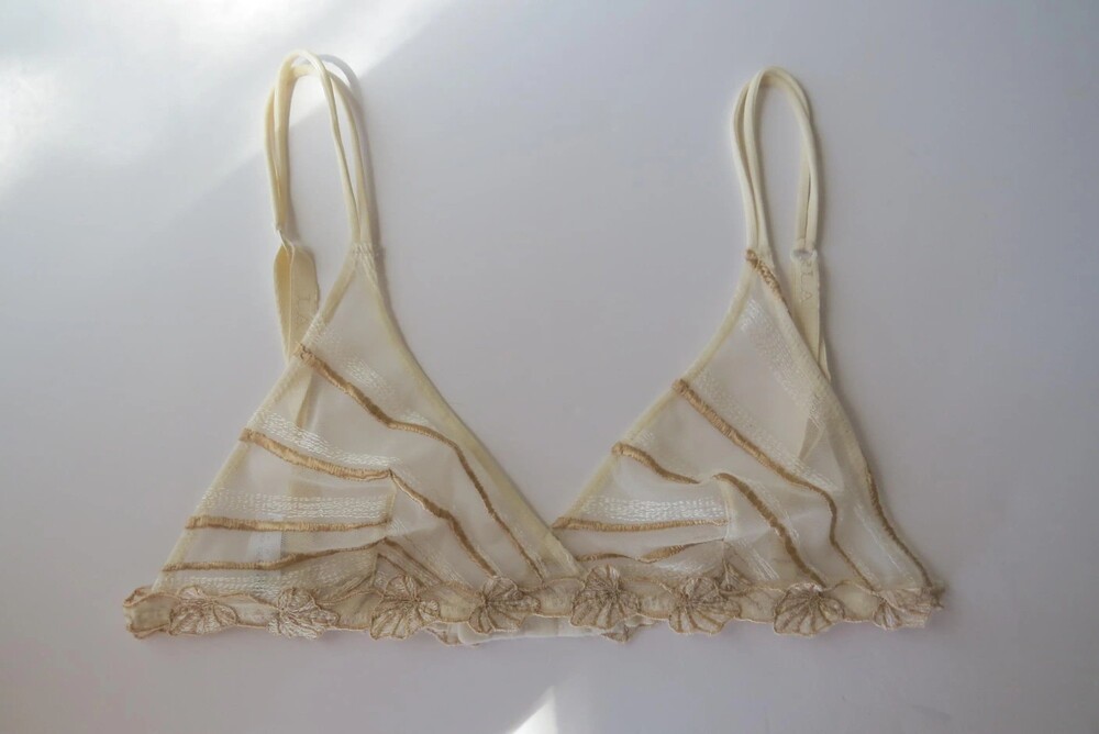 Vintage Italian La Perla Gold 2000s Embroidered Mesh Bralette, Made in Italy